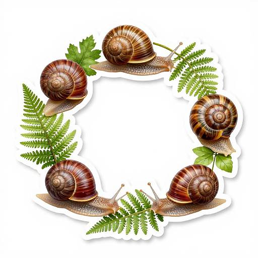 Photorealistic image of four brown snails with spiral shells, each accompanied by green fern leaves, forming a circular arrangement on a white background.