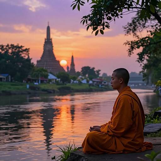 Photograph of a serene Buddhist monk in orange robes sitting by a tranquil river at sunset, with a distant temple and vibrant sky reflecting in the water.