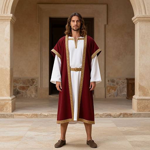 Photograph of a bearded man with long brown hair, wearing a white robe and red velvet robe with gold trim, standing in a stone archway