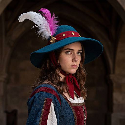 Photograph of a young woman with fair skin, wavy brown hair, wearing a blue hat with pink and white feathers, blue medieval dress, and