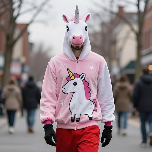 Man in Unicorn Onesie on Urban Street