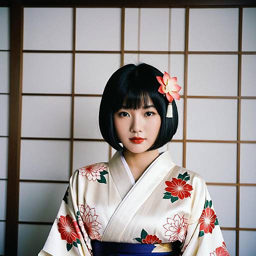 Asian Woman in Floral Kimono with Hair Ornament