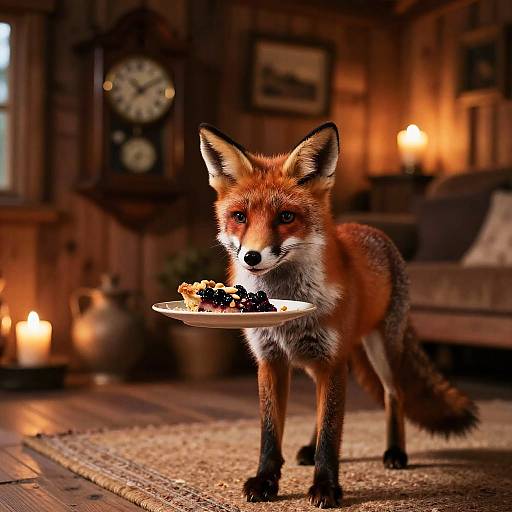 Red Fox Holding Plate with Wild Berry Pie in Cozy Boathouse