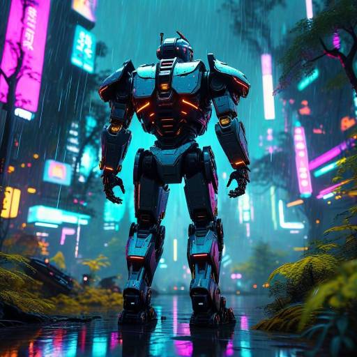 Robotic Knight in a Neon Forest