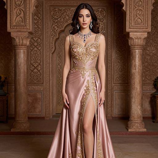 Photograph of a stunning Indian woman with long black hair, wearing an ornate, gold-embroidered, pink satin saree with a high