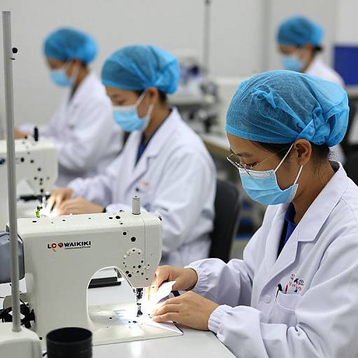 Photograph of four Asian women in white lab coats and blue hairnets, working on white sewing machines in a bright, sterile factory setting.