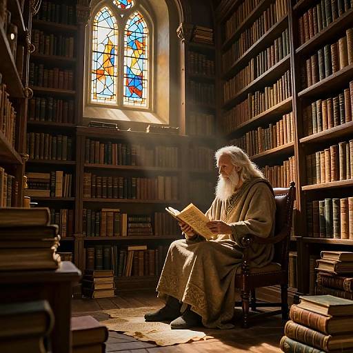 Photograph of an elderly white man with a long white beard, wearing a brown robe, reading a book in a sunlit, medieval-style library with