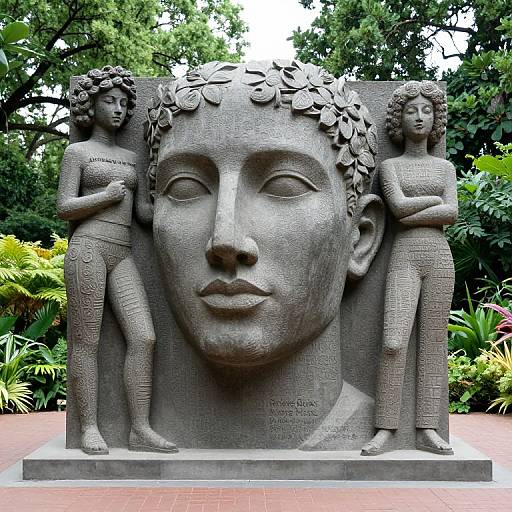 Photograph of a bronze sculpture featuring a large, serene face with two curly-haired, naked children standing on either side, surrounded by lush greenery.