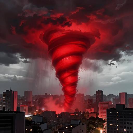 Photographic illustration of a massive, swirling red tornado over a dark, cloud-filled sky, centered over a cityscape with illuminated buildings.