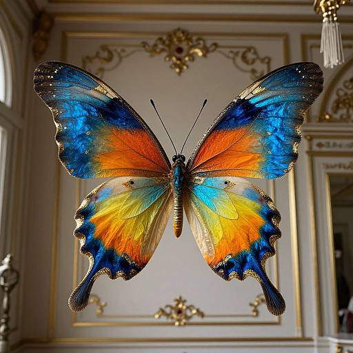 Photograph of a vividly colored butterfly with blue, orange, and yellow wings, displayed in an ornately decorated, elegant room.