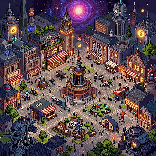 Colorful pixel art of a bustling night market square with illuminated buildings, striped awnings, a central clock tower, and a glowing purple galaxy in the