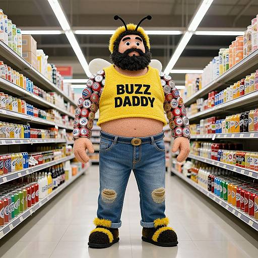 Photograph of a bearded man in a fuzzy bee costume with 