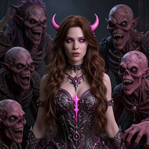 Digital artwork of a pale-skinned woman with pink horns, glowing purple eyes, and dark, intricate armor surrounded by grinning, purple-skinned demons