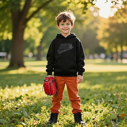 Boy in Sunny Park with Baseball Glove