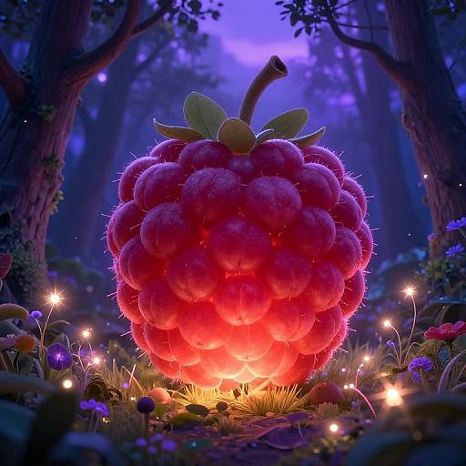 Photorealistic CGI of a glowing, vibrant red, spiky berry with green leaves in a magical forest, illuminated by tiny fairy lights.
