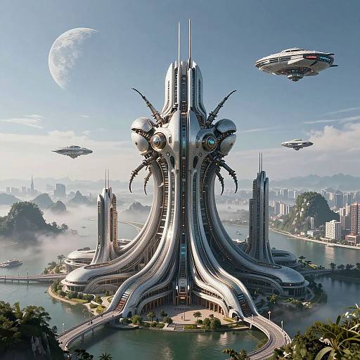 Futuristic Colonial Cityscape in Mist