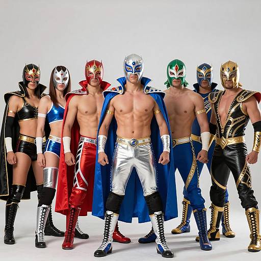 Group of Seven Wrestlers in Colorful Costumes