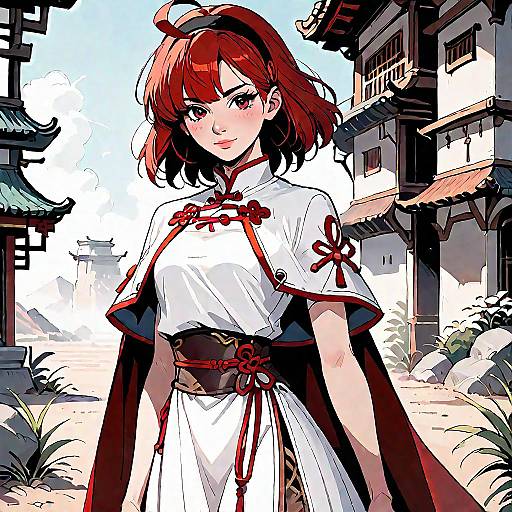 Anime Red-Haired Girl in White Chinese Dress