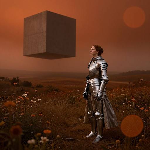 Photograph of a woman in full medieval armor standing in a flower-filled field, gazing at a floating gray cube against a red-orange sky.