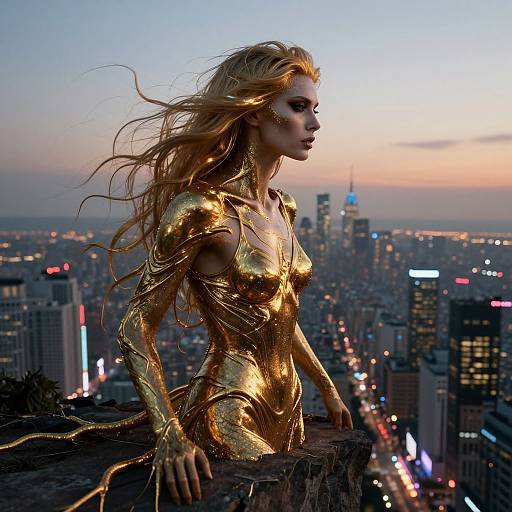 Photograph-style digital art: Blonde woman in gold, metallic bodysuit with flowing hair, poised on rooftop, overlooking cityscape at sunset.