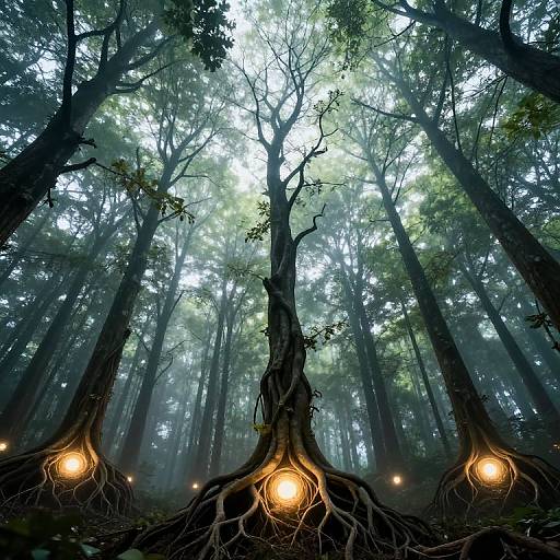 Photograph of a mystical forest with tall trees, glowing orange orbs embedded in tree roots, and misty, ethereal light filtering through dense foliage.