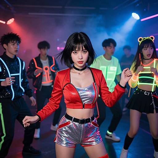 Photograph of a neon-lit dance party featuring a young Asian woman in a red crop jacket and silver shorts, surrounded by glowing, futuristic-clad