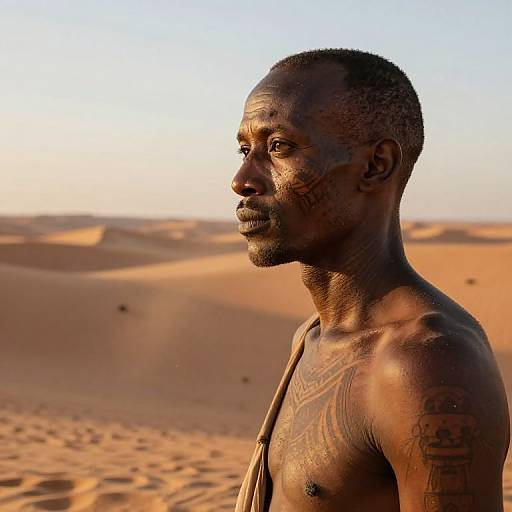 Photograph of a shirtless, muscular Black man with tribal tattoos, standing in a sunlit, sandy desert, gazing into the distance.