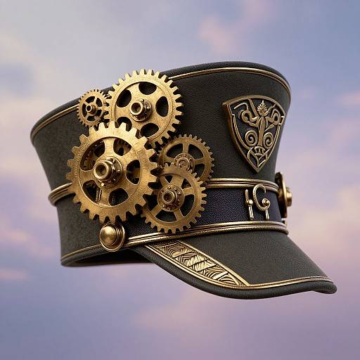 Photograph of an elaborate black leather military hat adorned with gold gears and intricate patterns, floating against a soft blue sky.