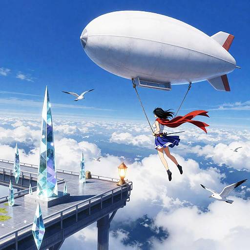 Luminous Aerial Ronin in Surreal Sky