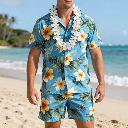 Photograph of a muscular man wearing a blue floral Hawaiian shirt and matching shorts, adorned with a white flower lei, on a sunny tropical beach with clear