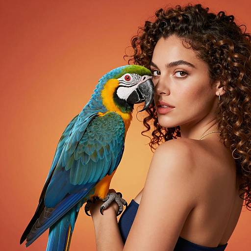 Woman with Parrot Against Vibrant Background