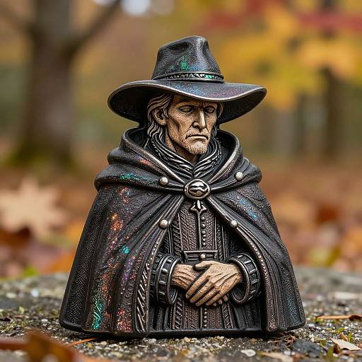 Photograph of a detailed, realistic wizard statue with a dark, starry cloak, wide-brimmed hat, and solemn expression, set in a