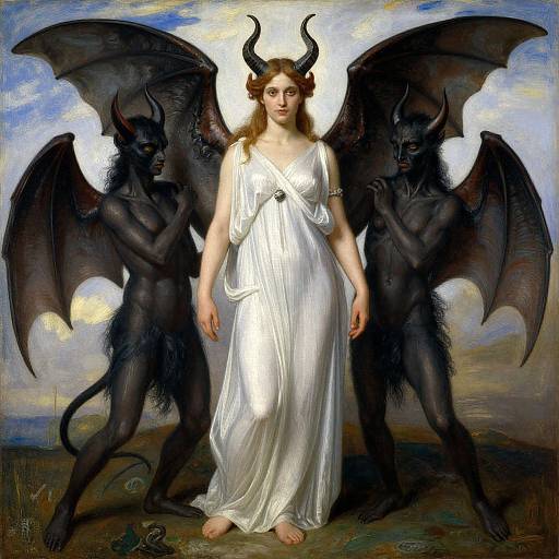 Digital painting of a pale, horned woman in a white dress flanked by two black, winged demons with muscular builds and glowing eyes. Dark