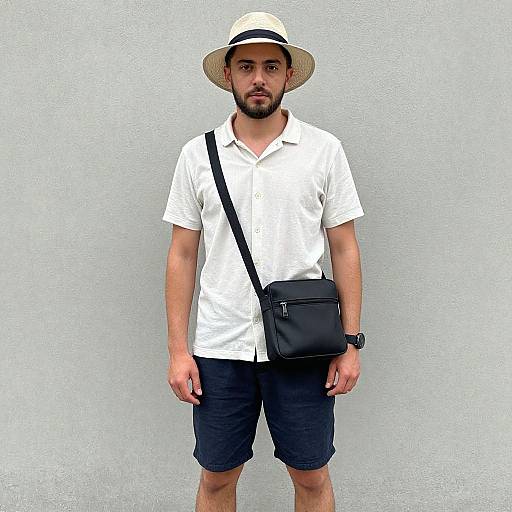Photograph of a bearded man with light skin, wearing a white shirt, black shorts, black crossbody bag, white hat, and black strap
