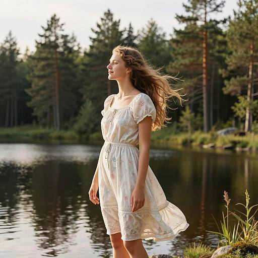 Photograph of a young woman with long, flowing brown hair, wearing a white, lace-trimmed dress, standing by a serene forest lake,