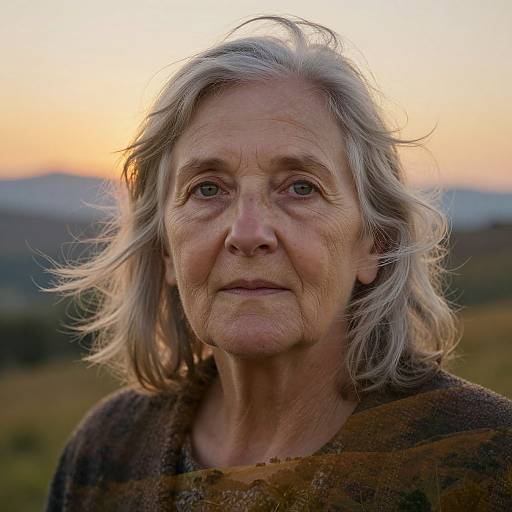 Photograph of an elderly woman with silver hair, weathered skin, and subtle smile, wearing a brown, textured sweater, set against a sunset-l