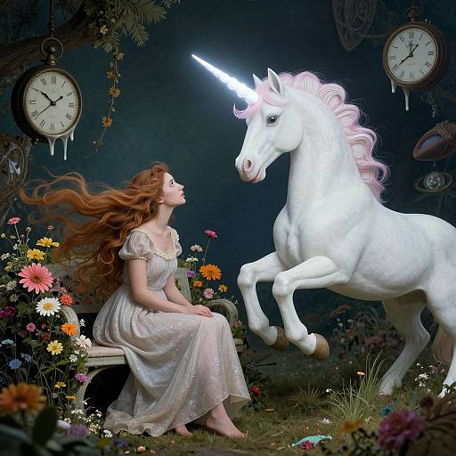 Photograph-style digital art of a fairytale scene: red-haired woman in white dress gazes at a glowing white unicorn with a horn, surrounded