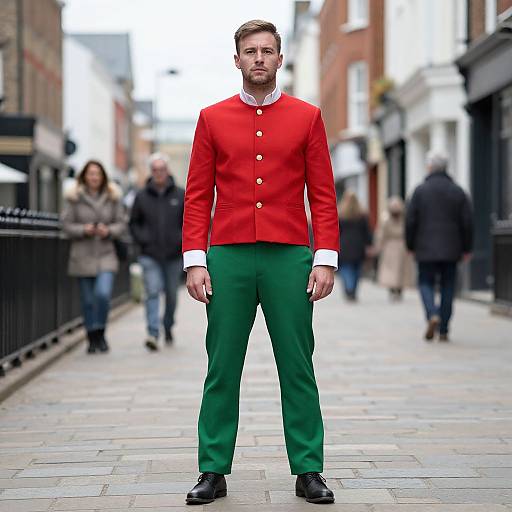 Photograph of a man in a bright red jacket, green pants, white shirt, and black shoes standing on a city street, blurred pedestrians in background