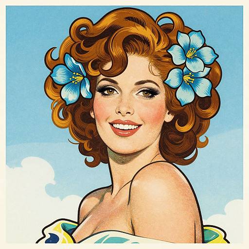 Vintage-style digital illustration of a smiling woman with curly red hair, blue flowers, fair skin, and off-shoulder clothing against a blue sky background