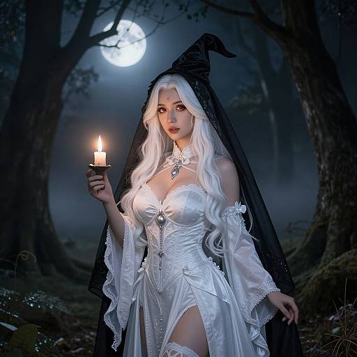 Digital art of a white-haired, fair-skinned witch with large breasts, wearing a white satin dress and black hooded veil, holding a candle in