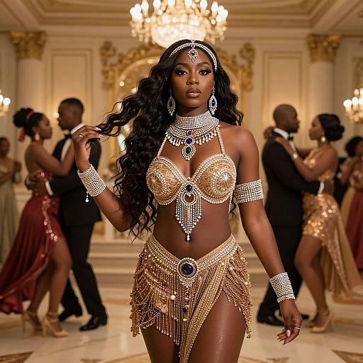 Photograph of a confident, dark-skinned, African woman in a gold, beaded, belly dancing outfit, with long, curly hair, in