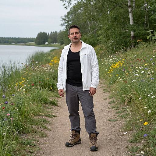 Man Standing by Lakeside Path