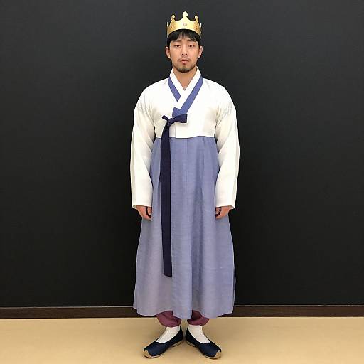 Photograph of a man wearing a traditional Korean royal costume with a white and blue hanbok, black sash, gold crown, white socks,