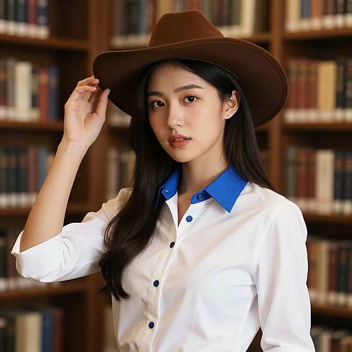 Young Woman in Cowboy Hat and White Shirt in Library