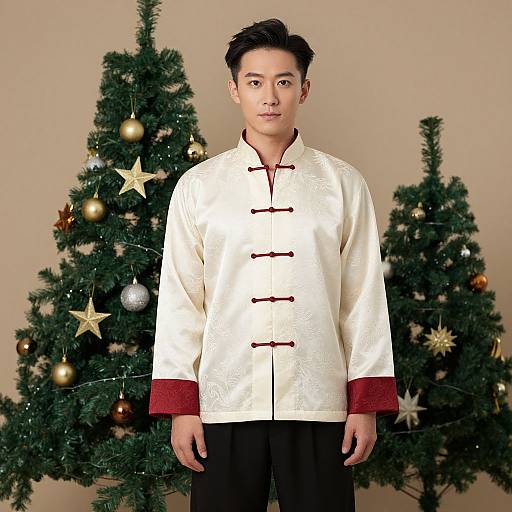 Photograph of an Asian man with short black hair, wearing a white silk Chinese-style tunic with red trim, standing in front of two decorated Christmas