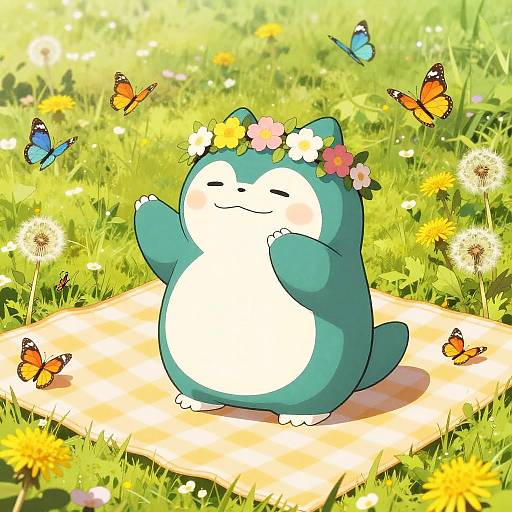 Cute cartoon Snorlax with a flower crown, smiling, surrounded by butterflies and dandelions in a sunlit, grassy meadow