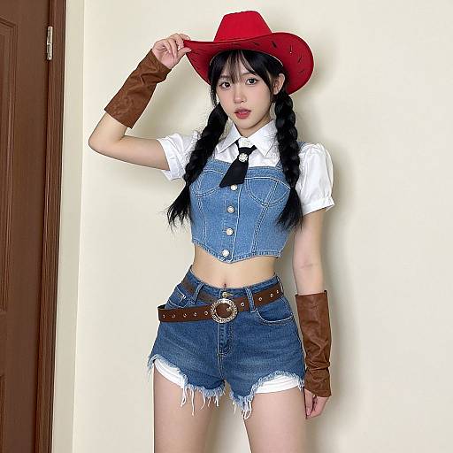 Photograph of an Asian woman with black pigtails, wearing a red cowboy hat, denim vest, white shirt, blue shorts, brown gloves,