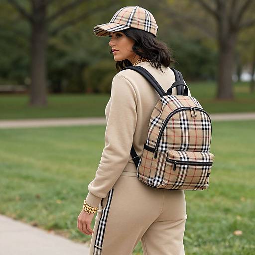 Photograph of a woman with long black hair, wearing a plaid cap, beige tracksuit, and matching plaid backpack, walking in a park