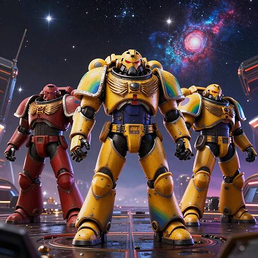 CGI image of three humanoid robots in a futuristic space station, two red and one yellow, with a starry galaxy backdrop.