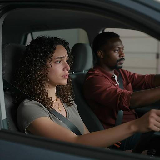 Distressed Woman and Man Driving in Car at Night
